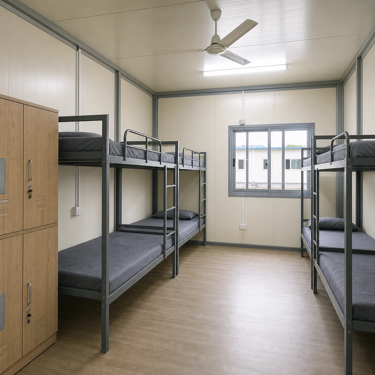 Inside a 120x24 ft G+1 labour hutment, double bunks in facing rows in the linear room block, sleeping planned for 115 to 144 workers.