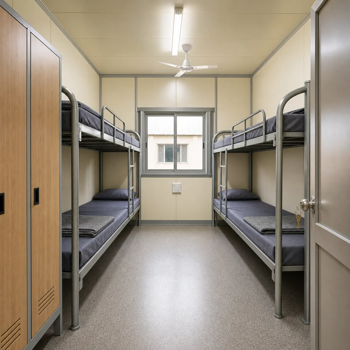 Inside a 120x24 ft G+1 labour hutment, the entrance end of the room in the linear room block, sleeping planned for 115 to 144 workers.