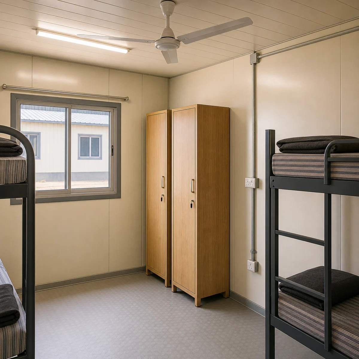 Inside a 120x24 ft G+1 labour hutment, the locker wall and ventilators in the linear room block, sleeping planned for 115 to 144 workers.
