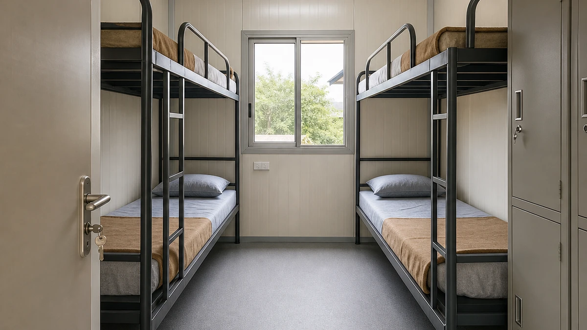 Entrance view into a compact hutment room from its passage door.