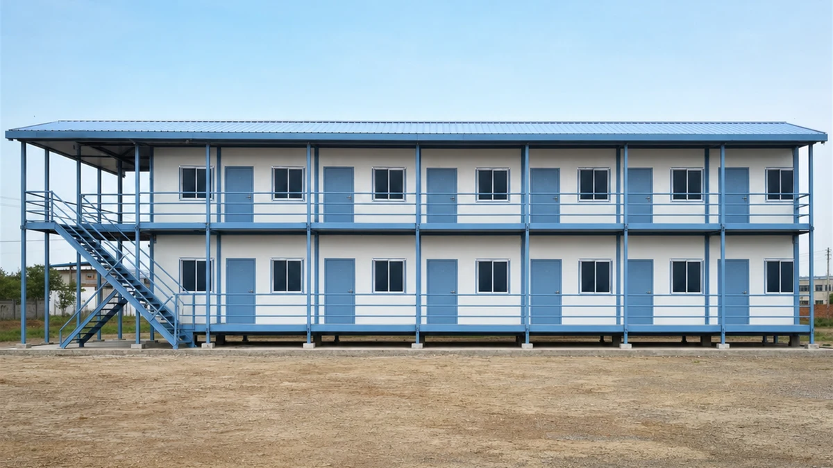 The 90 ft hutment face on, each room door paired with its own window.