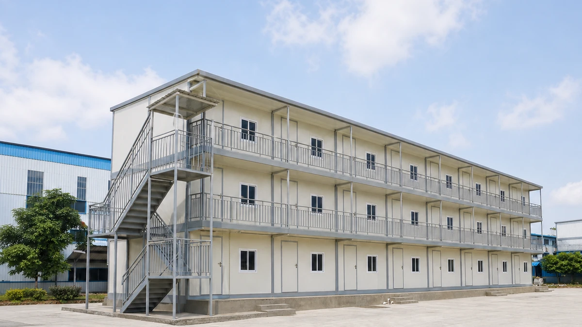 Three floors of hutment rooms seen from the stair end of the 90 ft block.