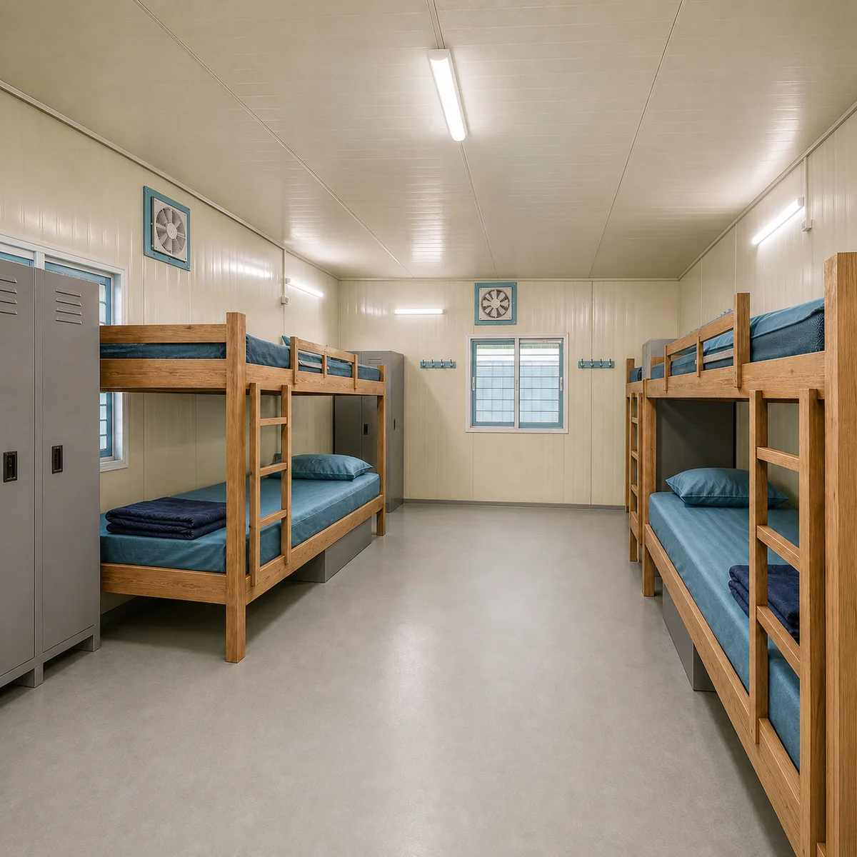 Inside a 120x24 ft G+1 labour shed, double bunks in facing rows in the open sleeping hall, sleeping planned for 115 to 144 workers.