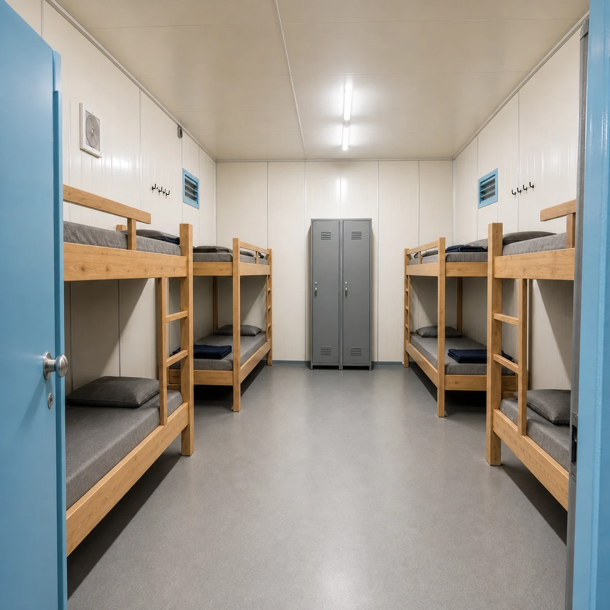 Inside a 120x24 ft G+1 labour shed, the entrance end of the room in the open sleeping hall, sleeping planned for 115 to 144 workers.