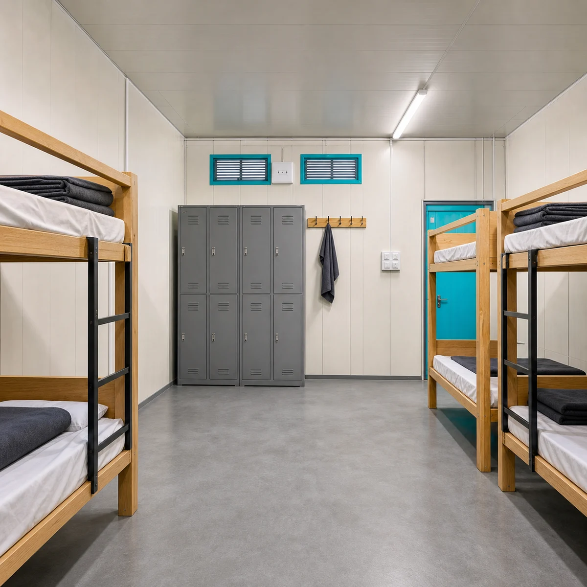 Inside a 120x24 ft G+1 labour shed, the locker wall and ventilators in the open sleeping hall, sleeping planned for 115 to 144 workers.