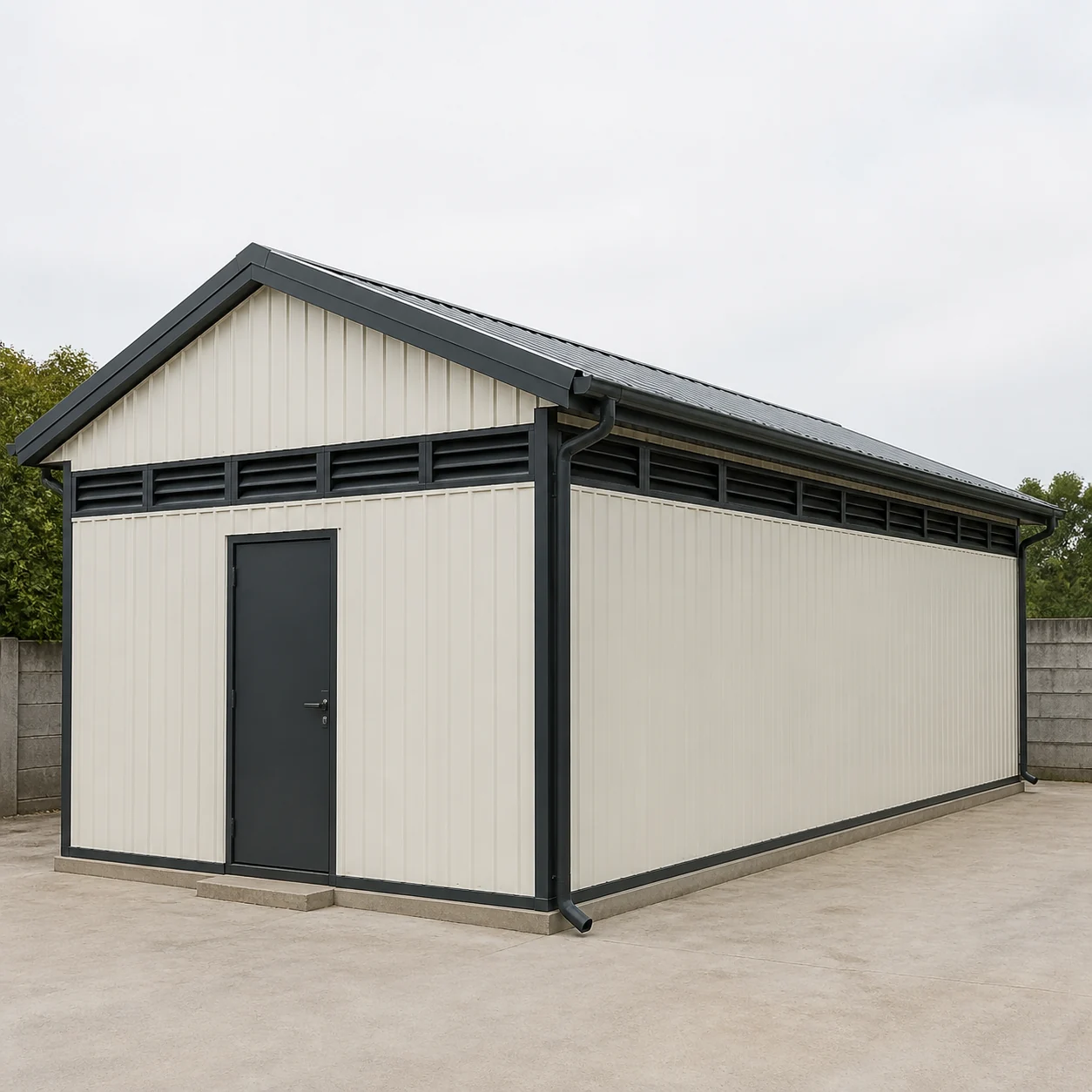 Explore range card for 20x10 ft labour shed in ivory white cladding, front-left view, with a continuous louvre band under the eaves