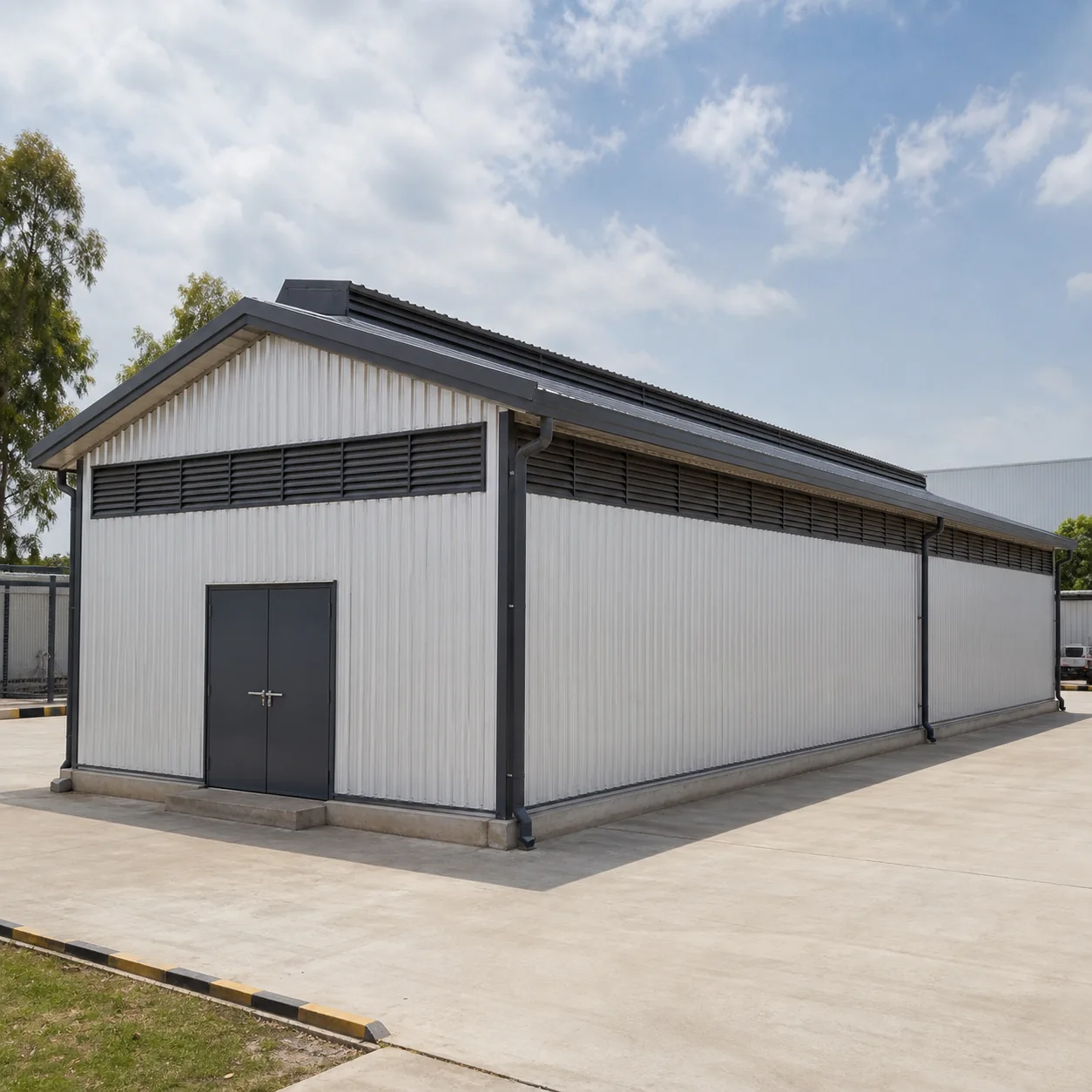 20x30 ft labour shed in pearl-grey cladding, front-left view, with a ridge ventilator along the apex