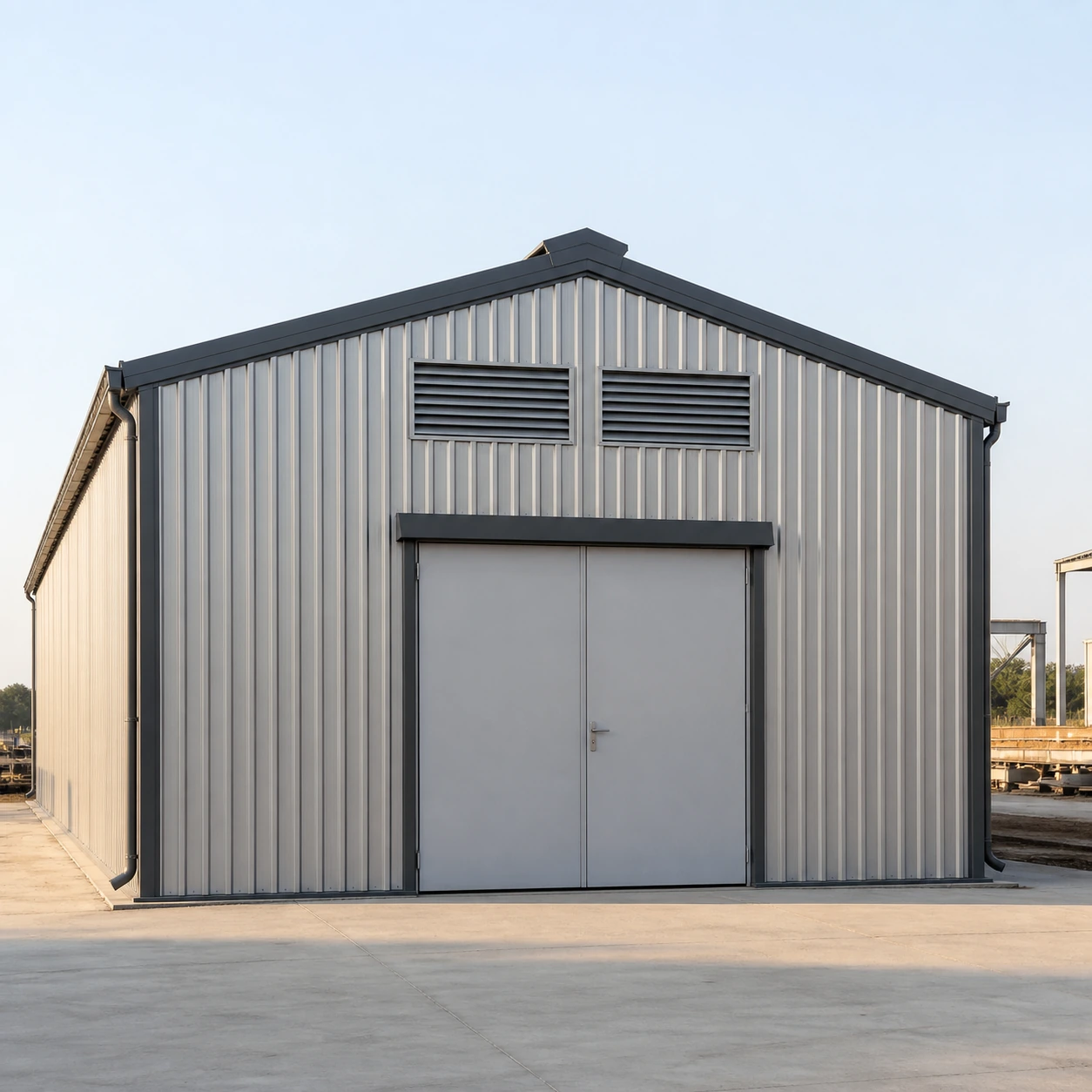 Gable end of the 20x30 ft labour shed with a double door and two louvre vents above