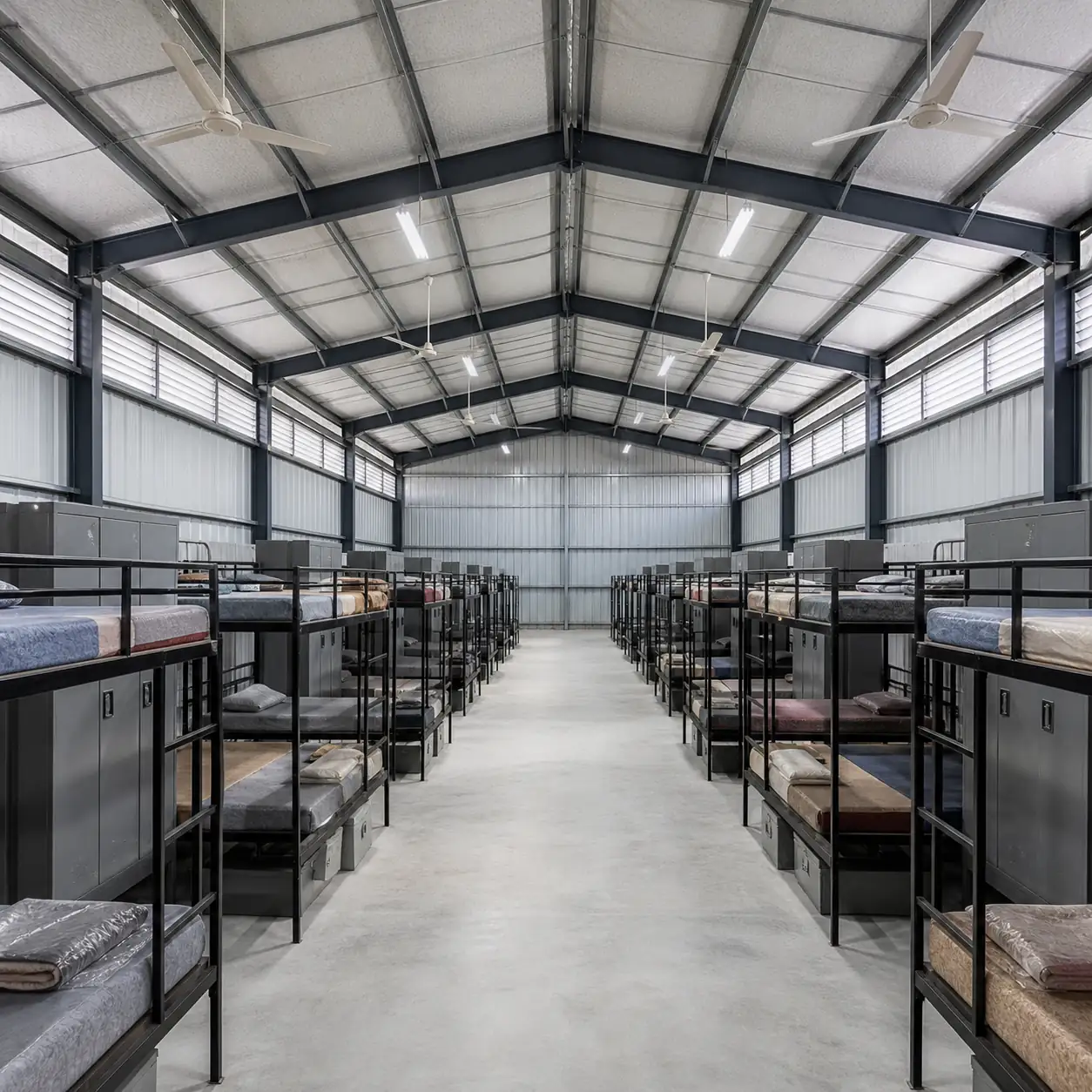 Open sleeping hall in the 20x30 ft labour shed, two bunk rows facing a full-length central aisle