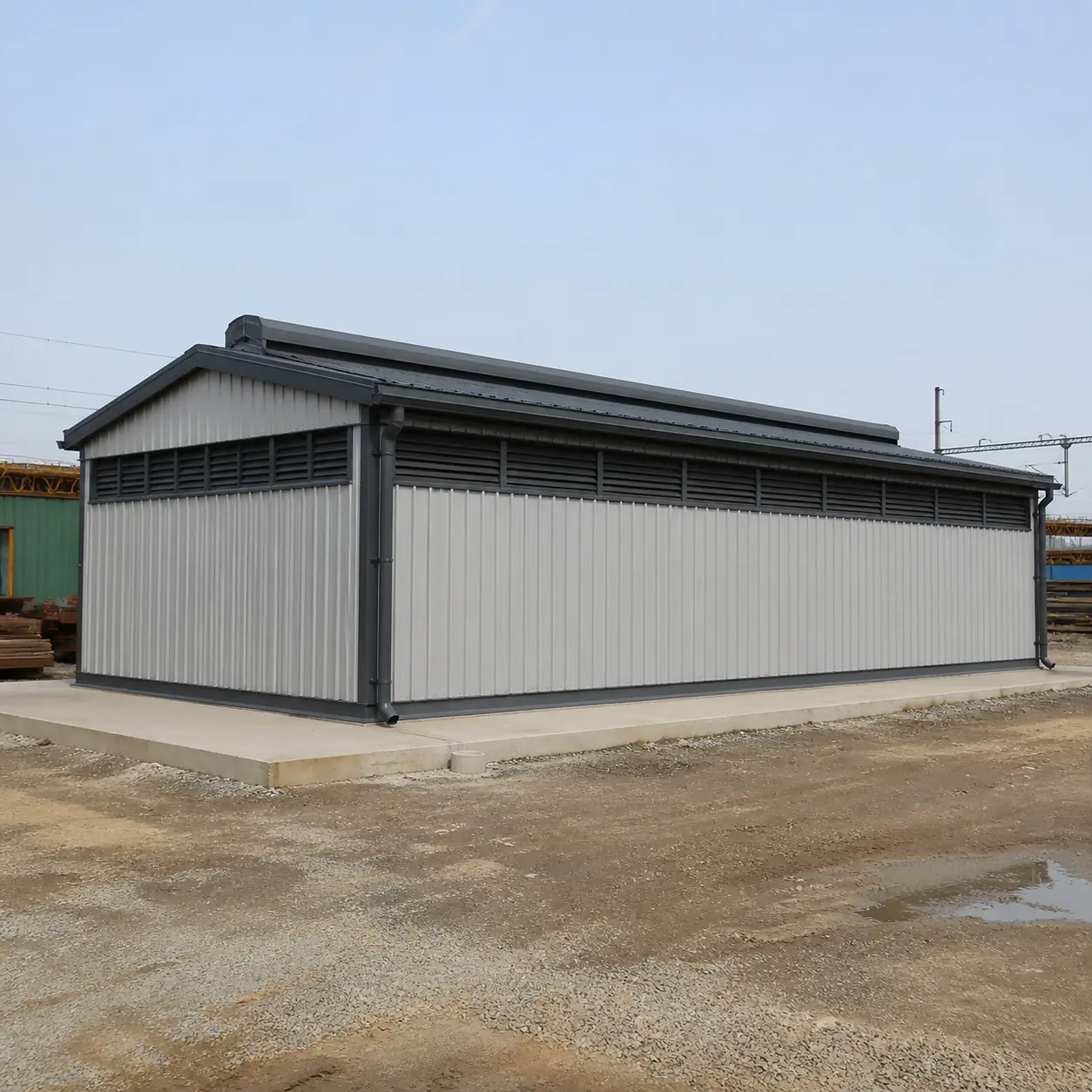 Three-quarter view of the 20x30 ft labour shed long wall, no doors on this elevation