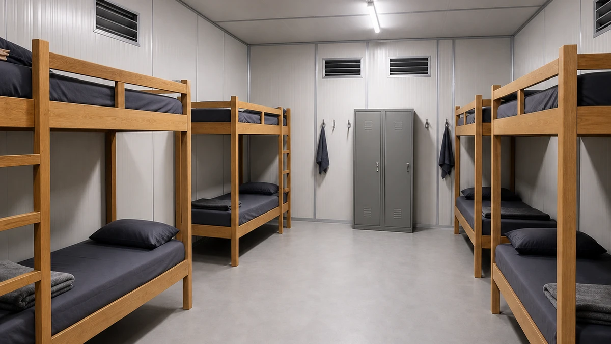 One open shed hall in wide view, facing bunk rows split by the centre aisle.