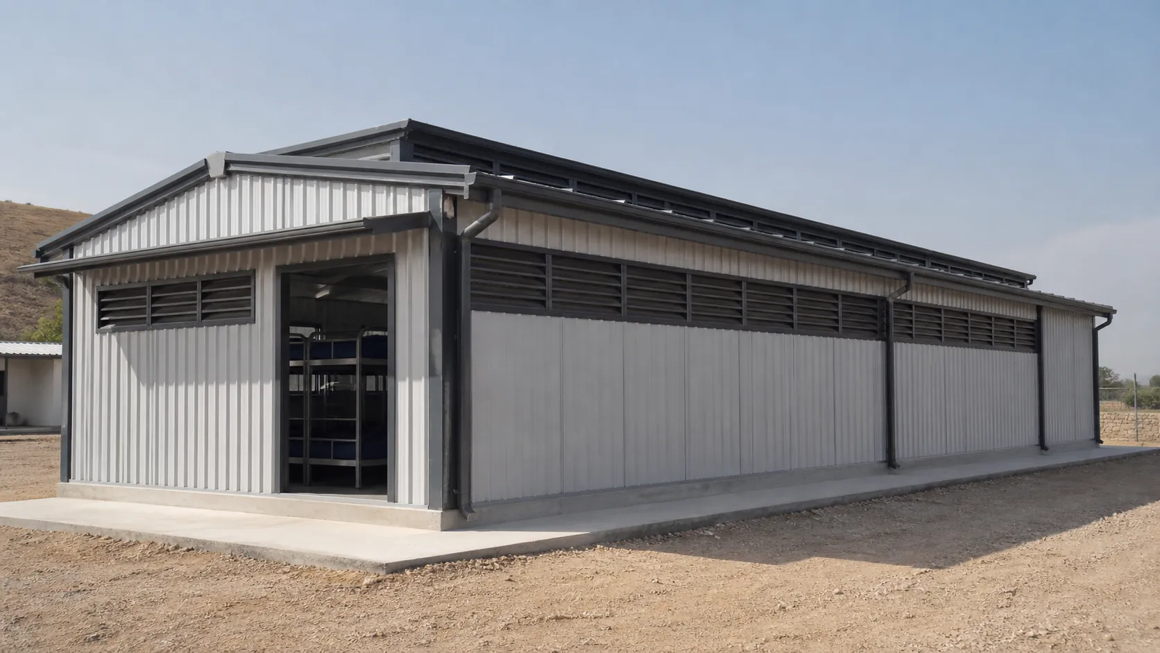 Single-storey labour shed with an open door showing bunk beds inside and a continuous louvre band