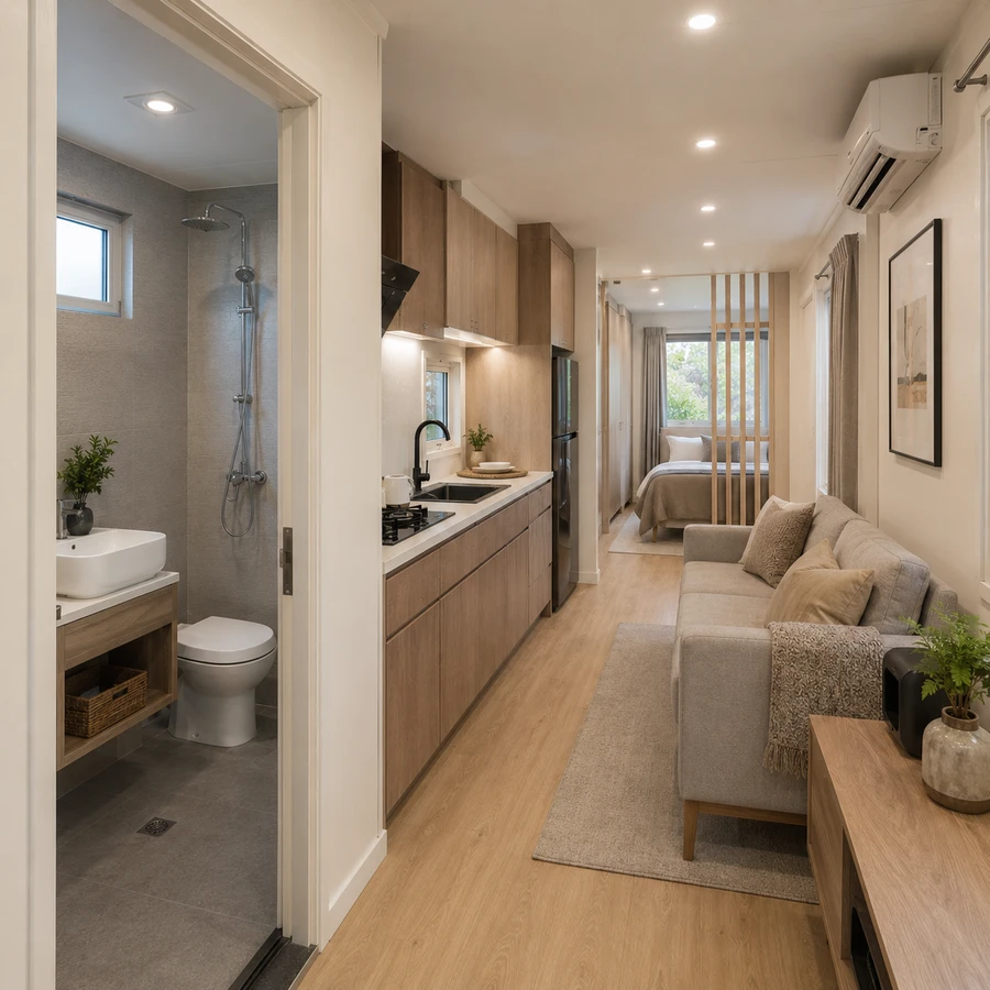 Looking back through a 20x10 ft luxury container house towards a bathroom with a vanity mirror wall