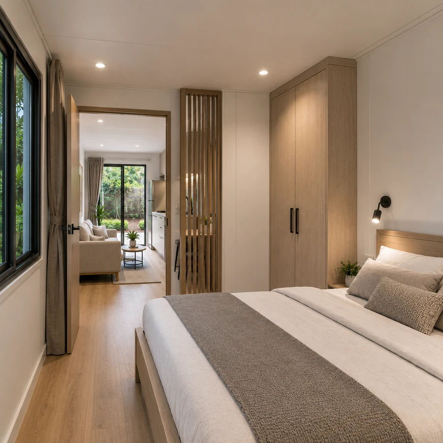 Bedroom inside a 20x10 ft luxury container house, with a bedroom with wardrobes and a garden window