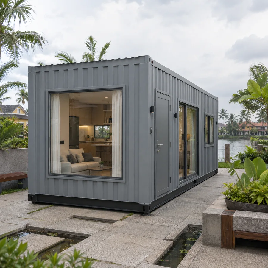 End-on view of a 20x10 ft luxury container house with the gable glazing lit, mid-grey cladding, on a paved terrace beside a backwater lagoon