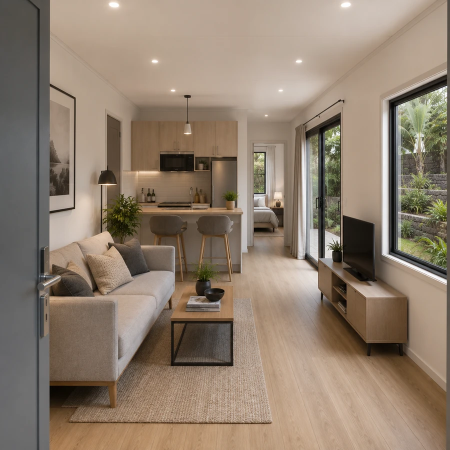 Entry and living area inside a 20x10 ft luxury container house, with a lounge with a media wall and sliding doors