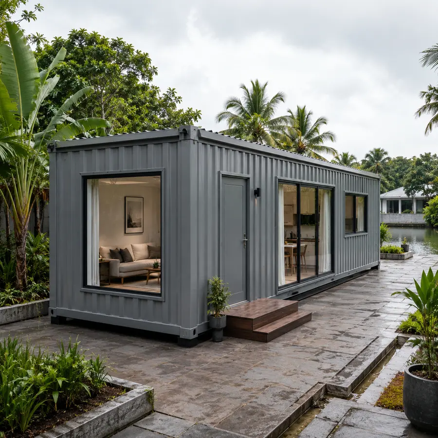 Front-left angle on a 20x10 ft luxury container house in mid-grey cladding, on a paved terrace beside a backwater lagoon
