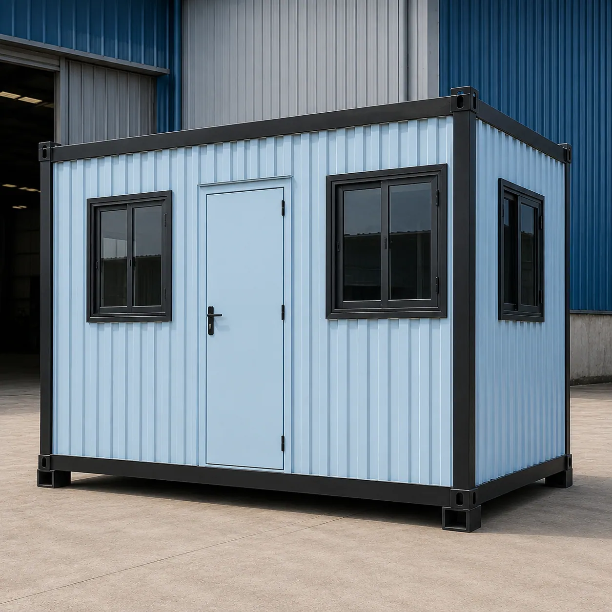 10×10 ft mini porta cabin: front view, compact corrugated steel unit
