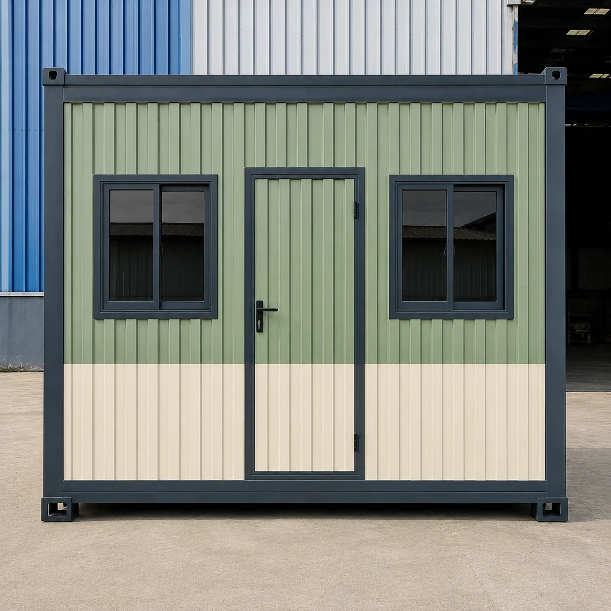 10×10 ft mini porta cabin: side view, compact corrugated steel unit