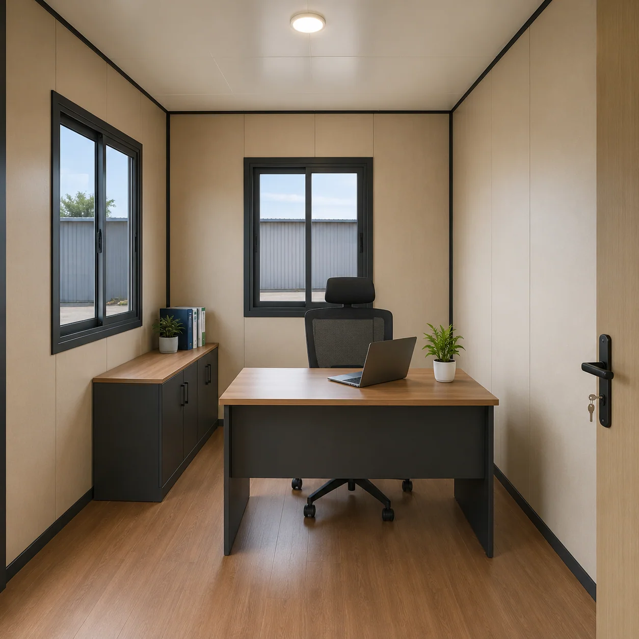 Inside a 10×10 ft mini porta cabin: compact finished workspace
