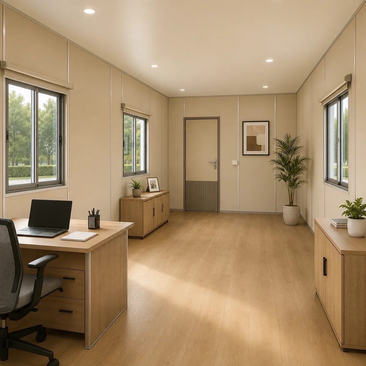 Seen from the door of the modern office cabin at 20 x 10 ft, an open floor plate free of internal posts down a 20 ft working run.