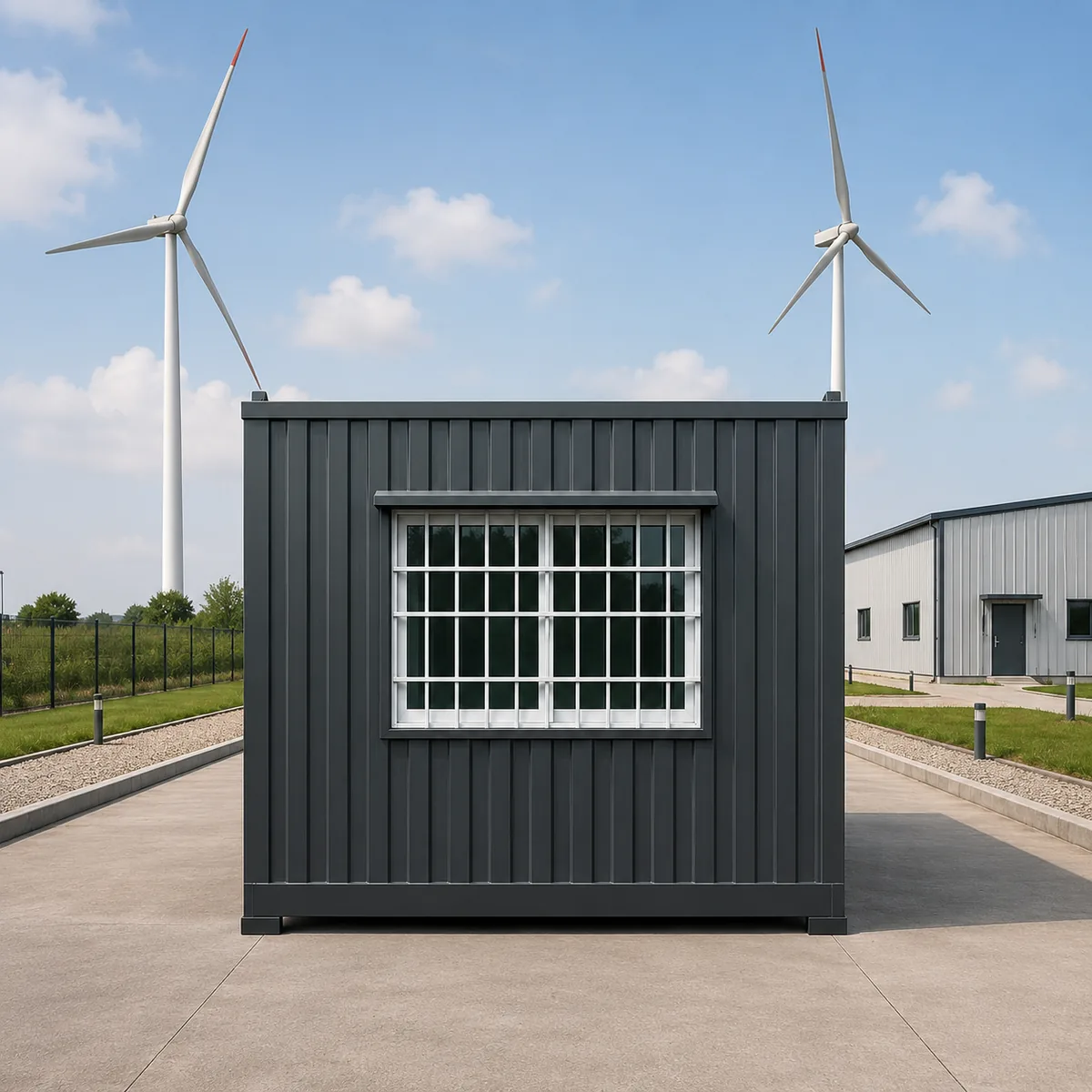 Angled front view of the modern office cabin at 20 x 10 ft, the slim frame profile carried around the corner over the 20 ft length.