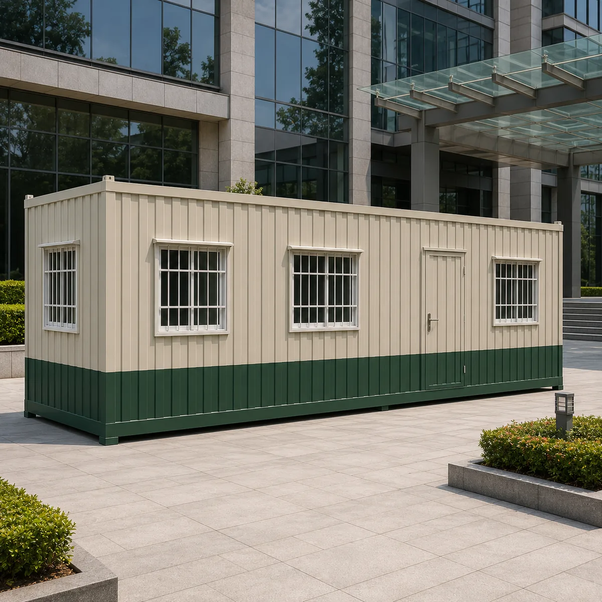 The whole modern office cabin, 20 x 10 ft, a wide glazing band set into the clean panel face over the 20 ft length.
