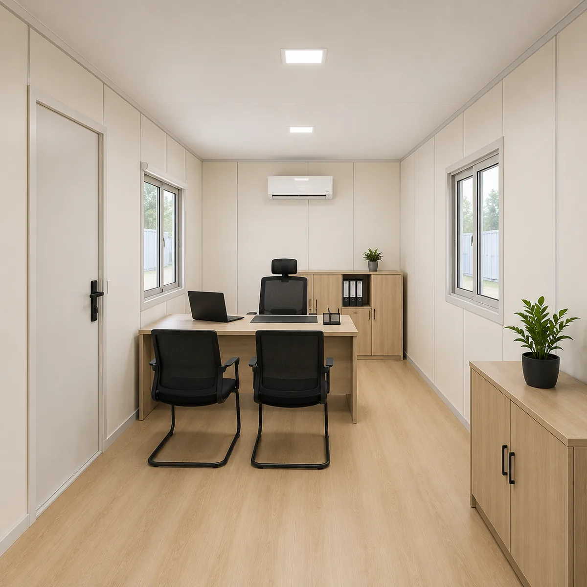 Seen from the far end of the modern office cabin, 20 x 10 ft, the ceiling line kept flush end to end on a plan twice as long as wide.