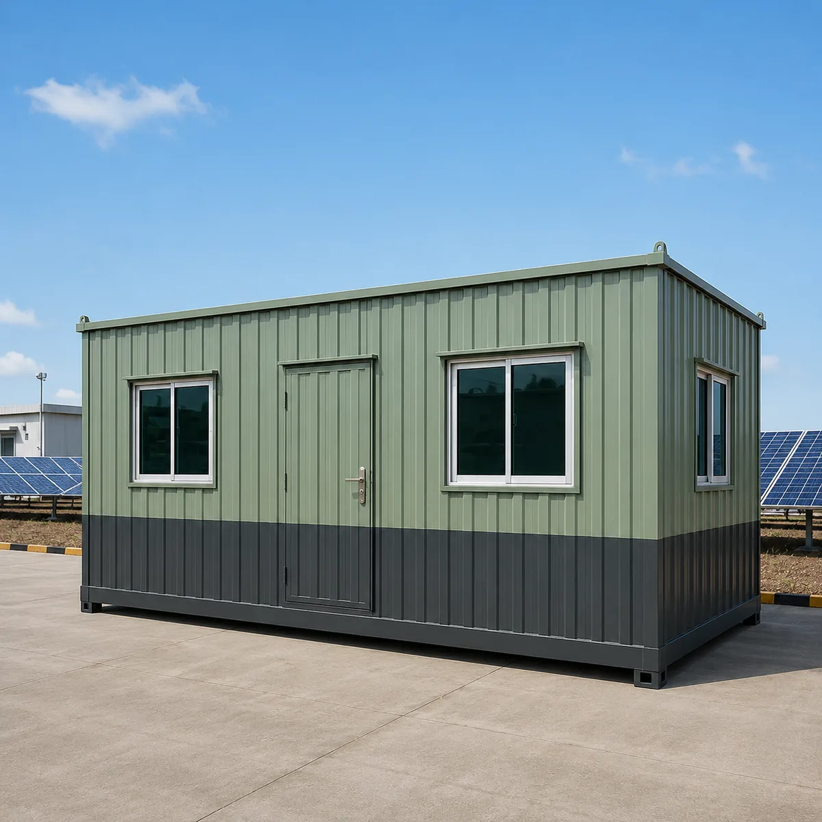 Long flank of the modern office cabin, 20 x 10 ft, a flat roof line above the recessed entrance on a plan twice as long as wide.