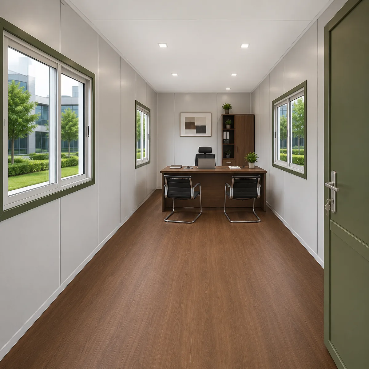 Interior of the modern office cabin, 20 x 10 ft, daylight reaching well back from the glazed wall down a 20 ft working run.