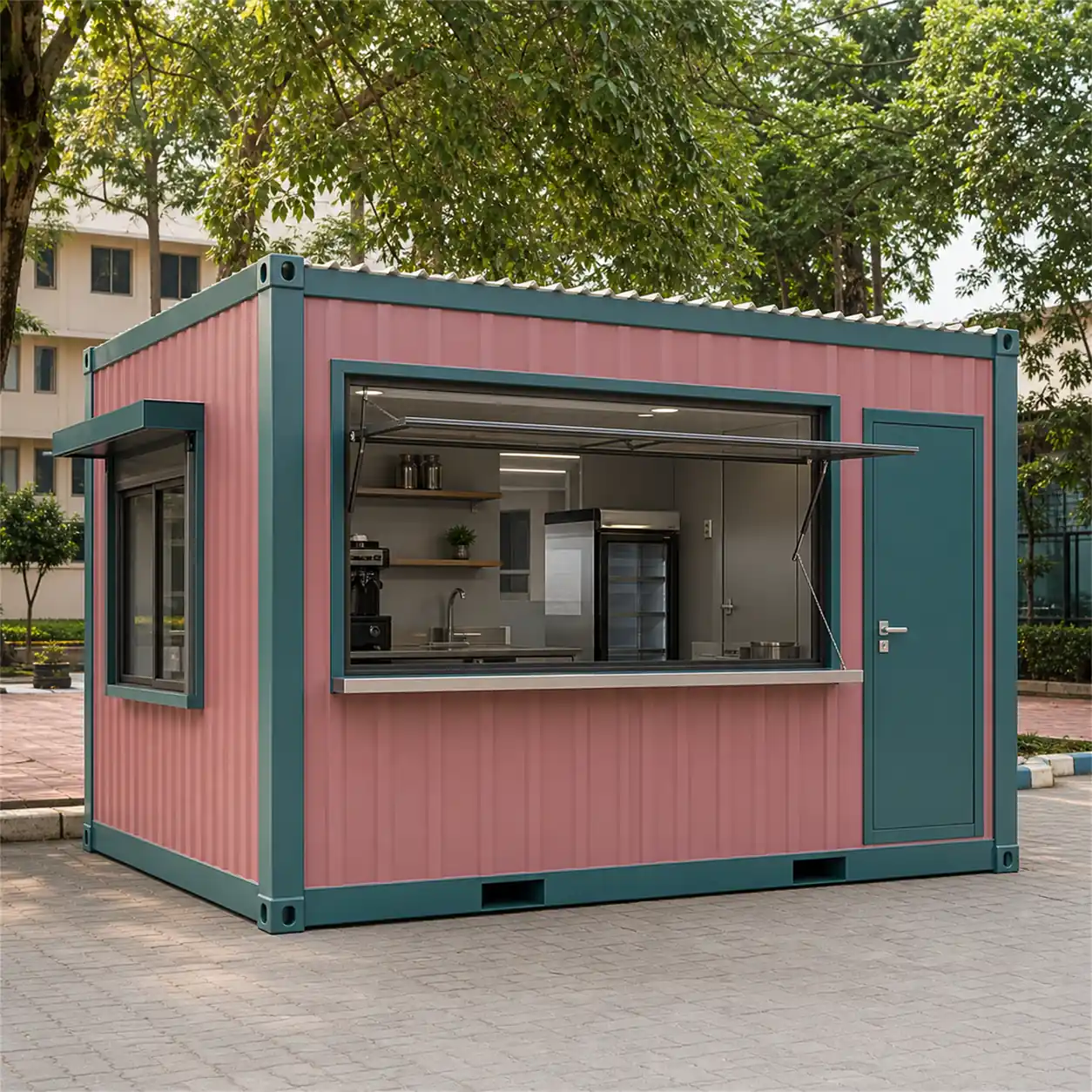 SAMAN modular container cafe module 10x10x8.5 ft, 100 sq ft, front left three-quarter exterior view
