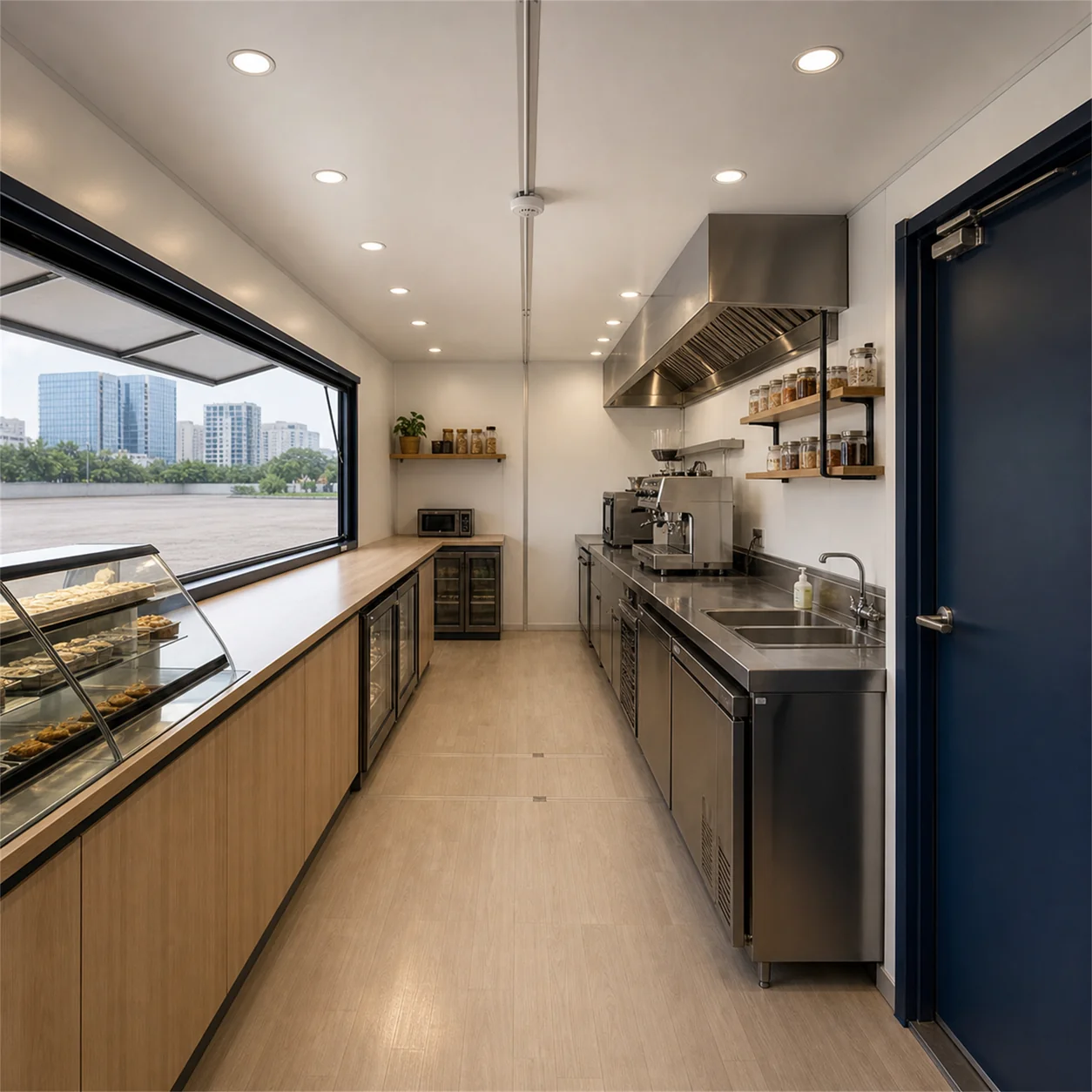 SAMAN modular container cafe module 20x10x8.5 ft, 200 sq ft, interior looking along the entrance axis