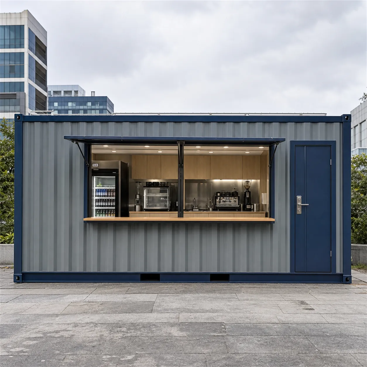 SAMAN modular container cafe module 20x10x8.5 ft, 200 sq ft, straight-on front elevation