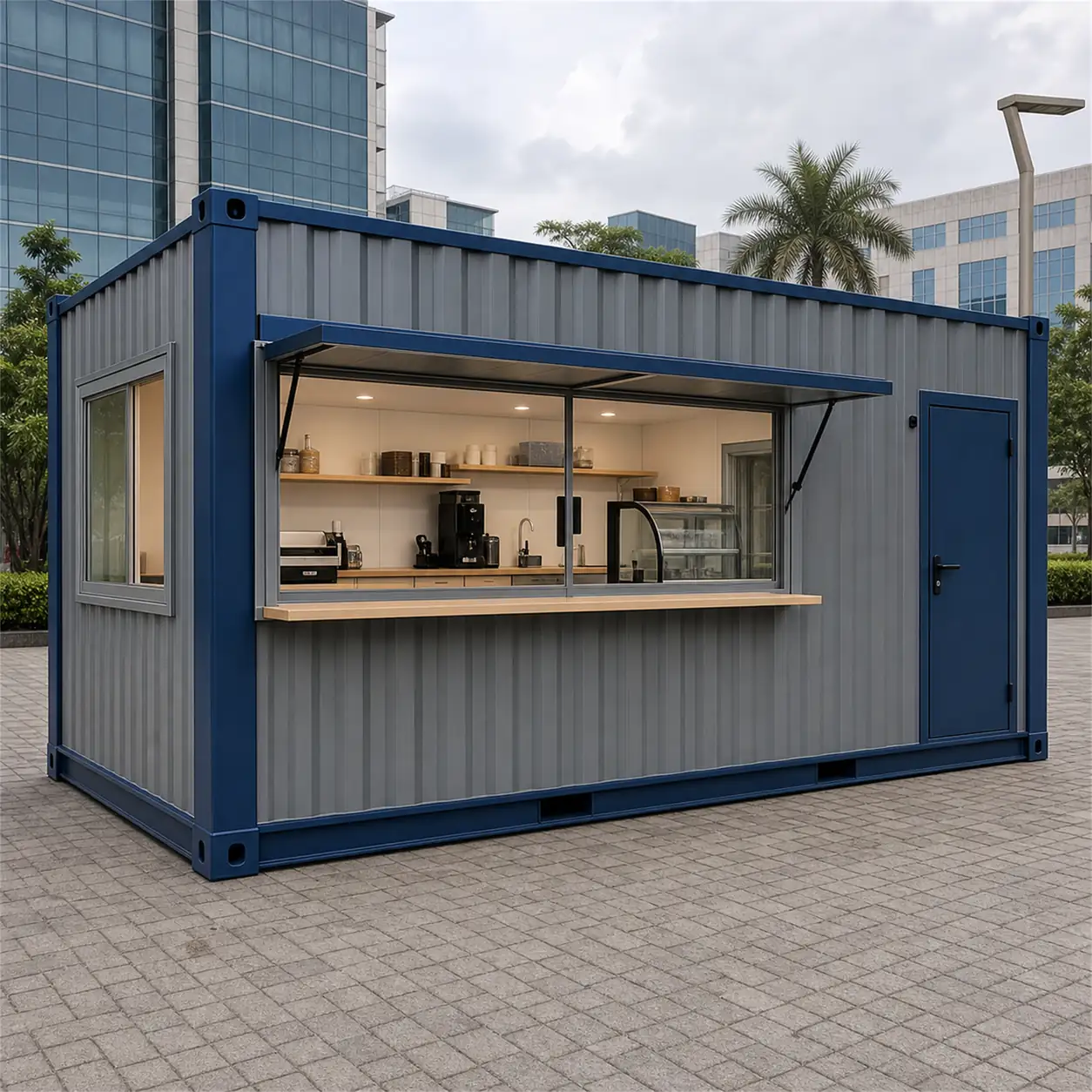 SAMAN modular container cafe module 20x10x8.5 ft, 200 sq ft, front left three-quarter exterior view