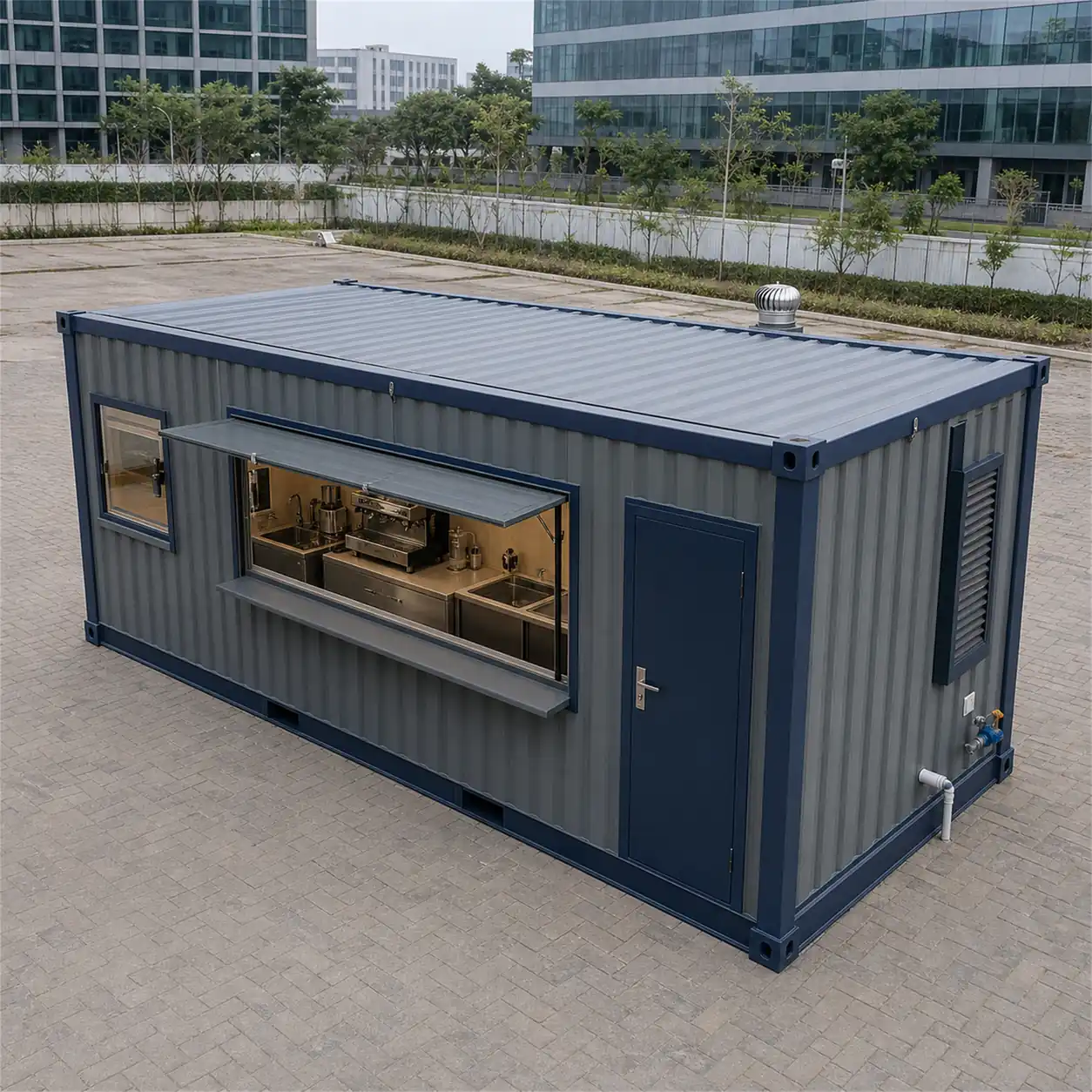 SAMAN modular container cafe module 20x10x8.5 ft, 200 sq ft, elevated front right exterior view