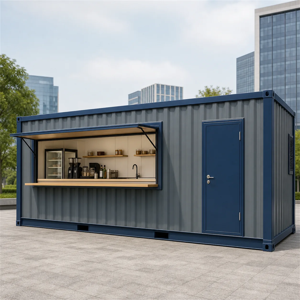 SAMAN modular container cafe module 20x10x8.5 ft, 200 sq ft, left side elevation