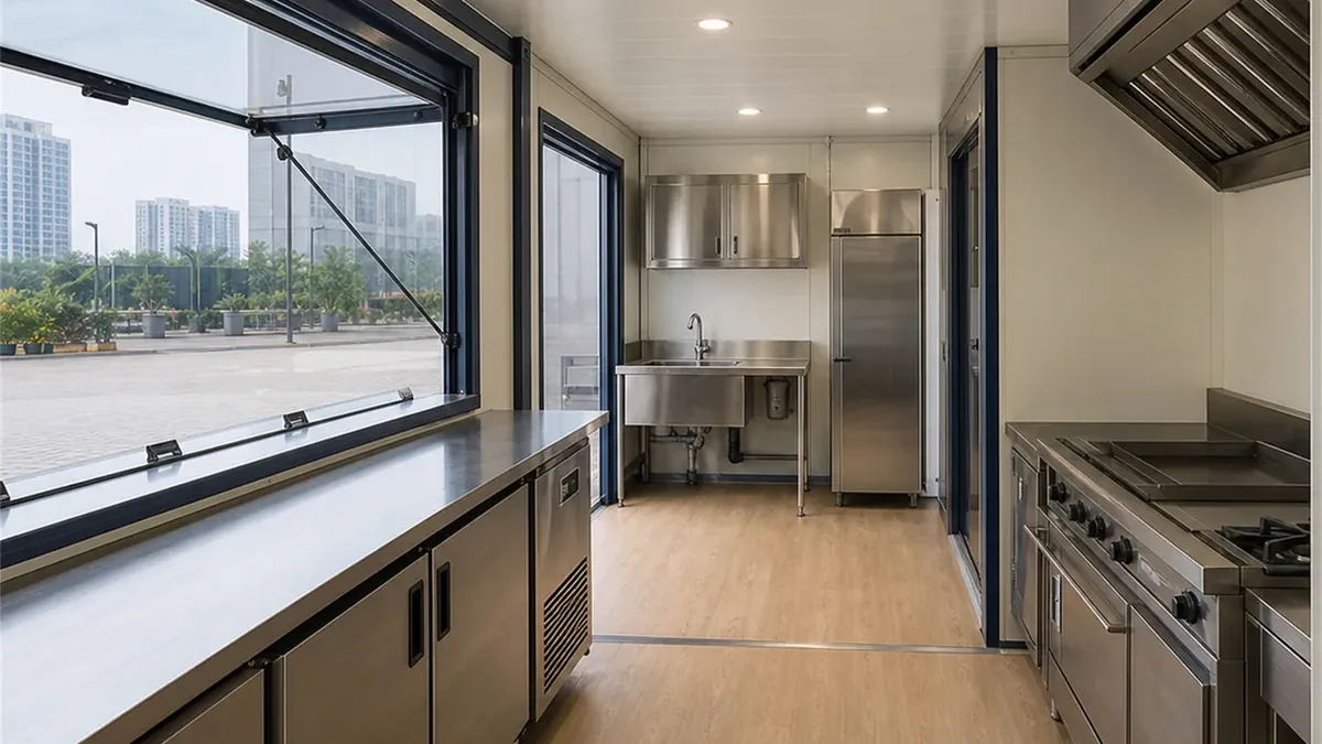 SAMAN modular container cafe module 20x10x8.5 ft, 200 sq ft, interior of the primary zone, wide view