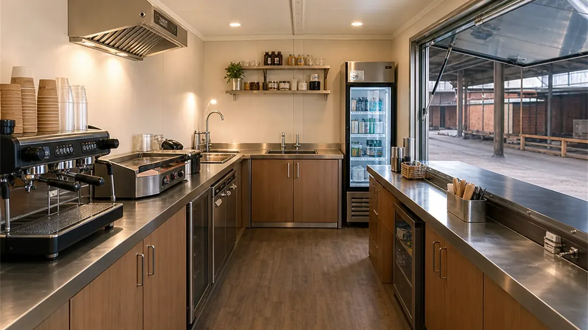 SAMAN modular container cafe module 20x12x8.5 ft, 240 sq ft, interior of the primary zone, wide view