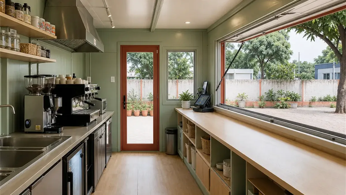 SAMAN modular container cafe module 30x10x8.5 ft, 300 sq ft, interior looking back toward the entrance, wide view