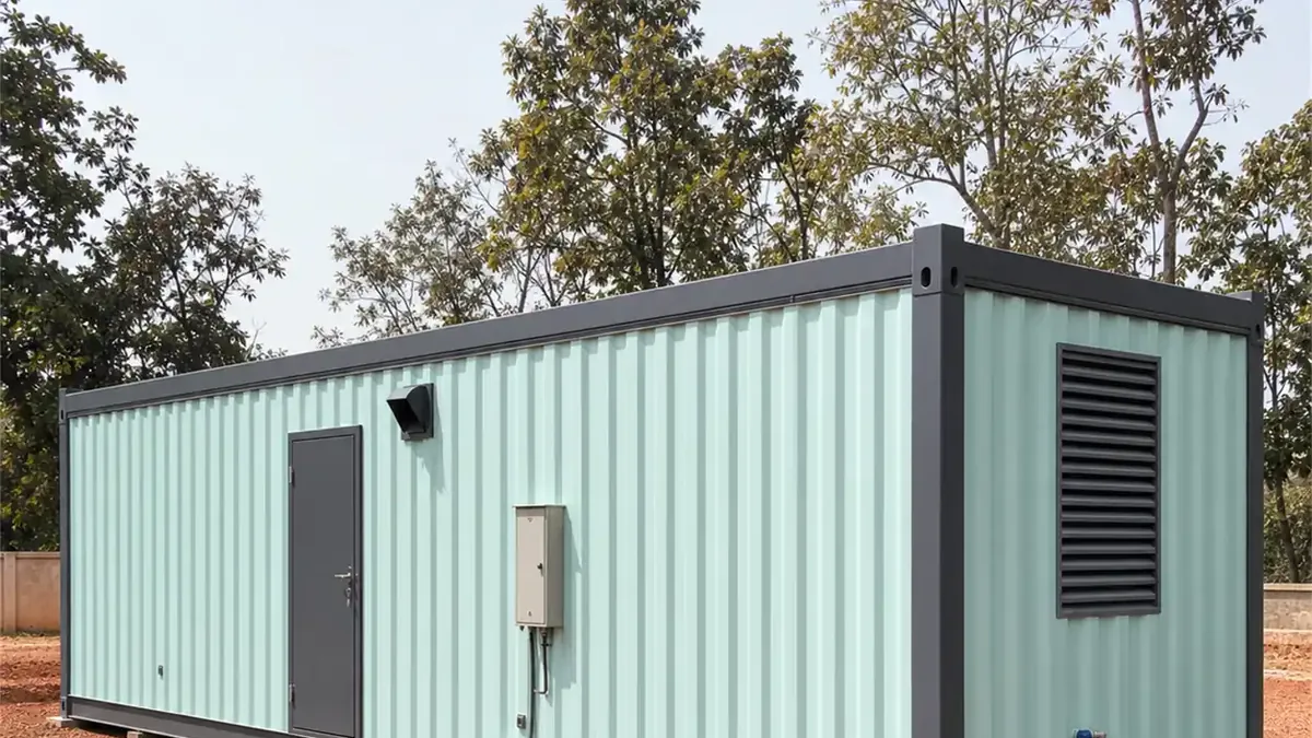 SAMAN modular container cafe module 40x10x8.5 ft, 400 sq ft, rear right angled exterior view, wide view
