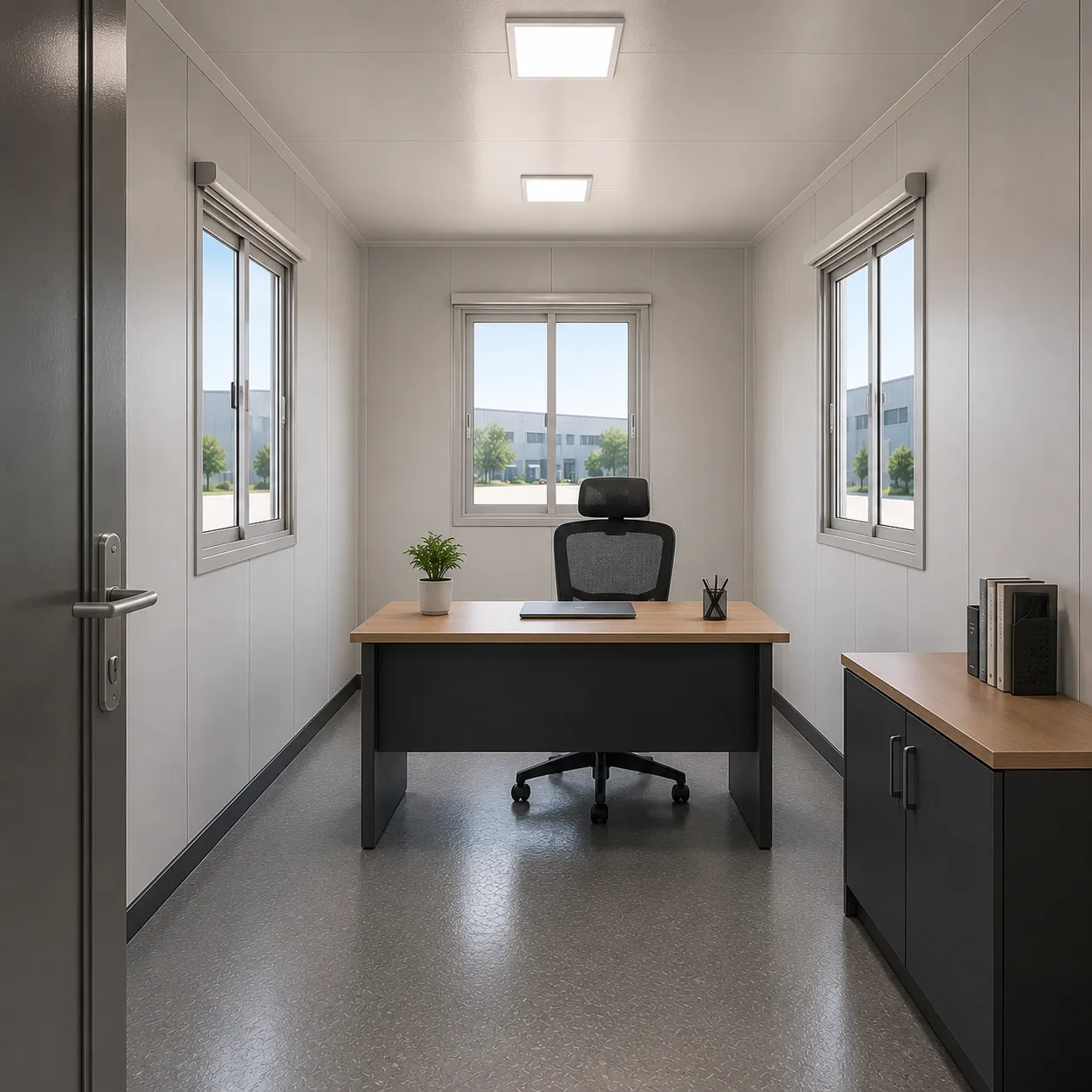 Entrance view into a 20x10 ft MS porta cabin with a desk, task chair and side cabinet