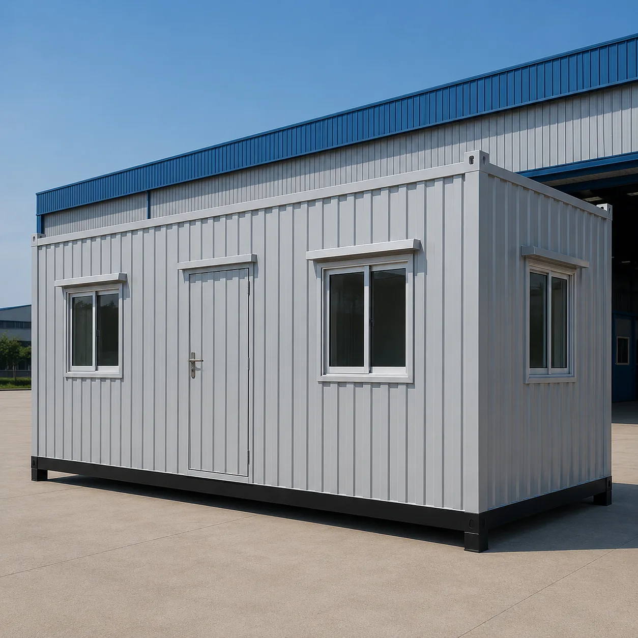 Light grey 20x10 ft MS porta cabin from the front corner, hooded windows and a single-leaf door