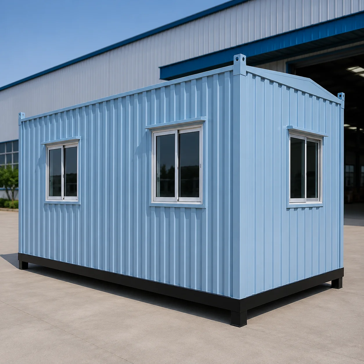Pale blue 20x10 ft MS porta cabin from the rear corner, corrugated cladding on a black base frame