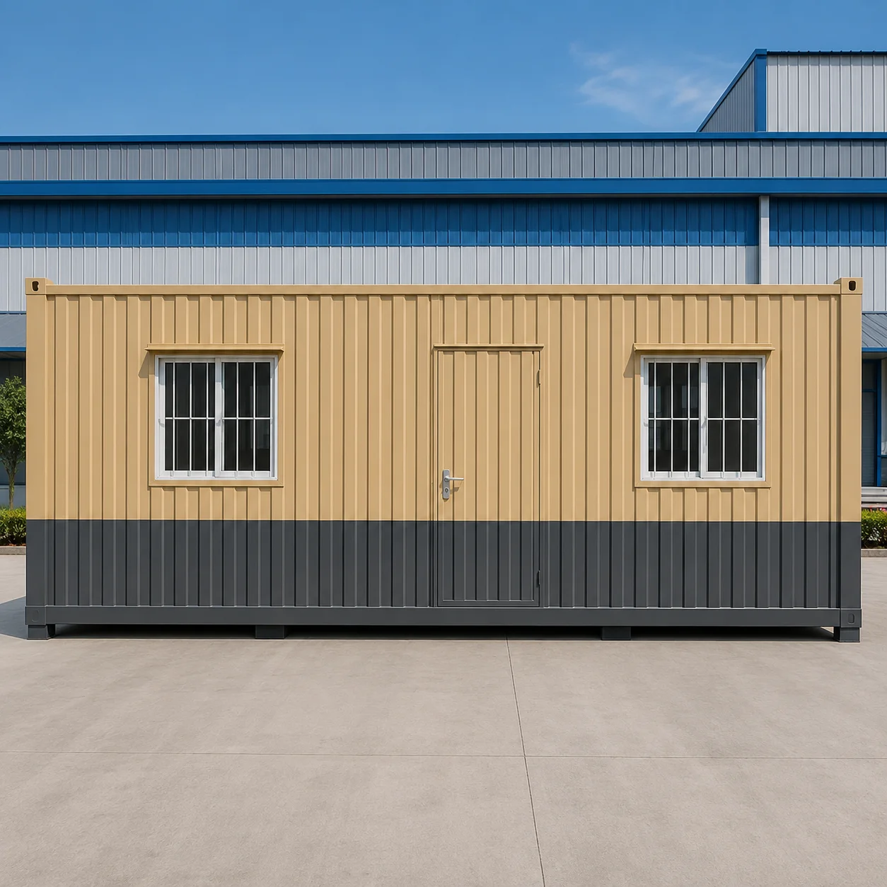 Sand and charcoal 20x10 ft MS porta cabin seen square on, two grilled windows beside a central door