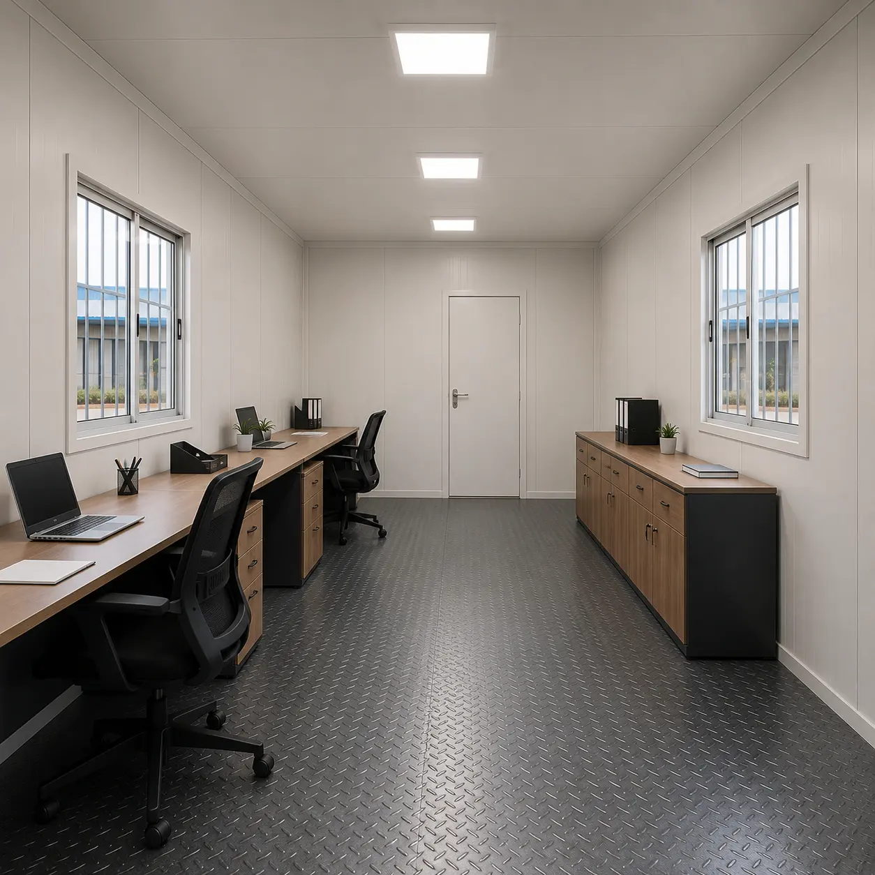 Inside a 20x10 ft MS porta cabin: long desk run with task chairs, credenza and chequered floor