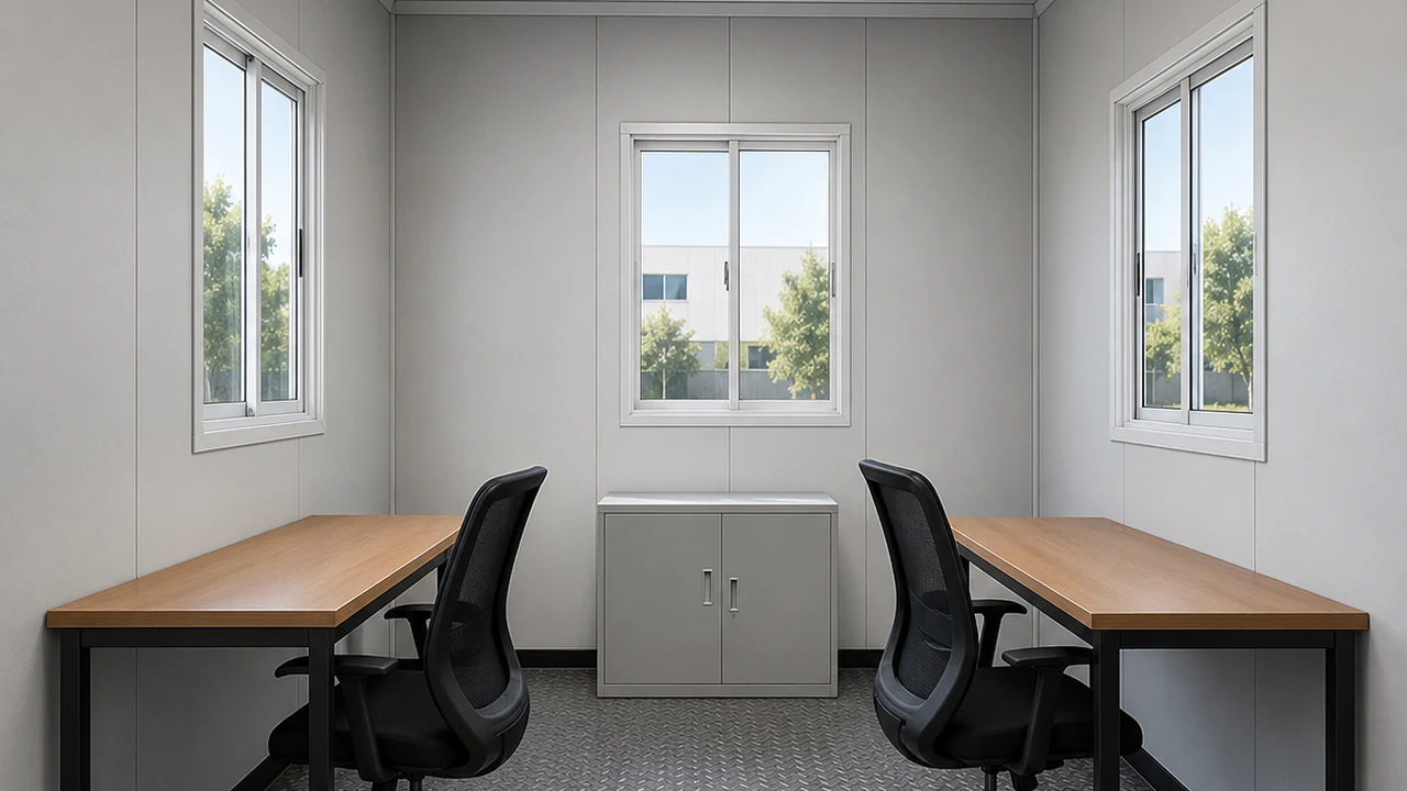 Compact MS porta cabin interior fitted with two desks, task chairs, a storage cabinet and three windows