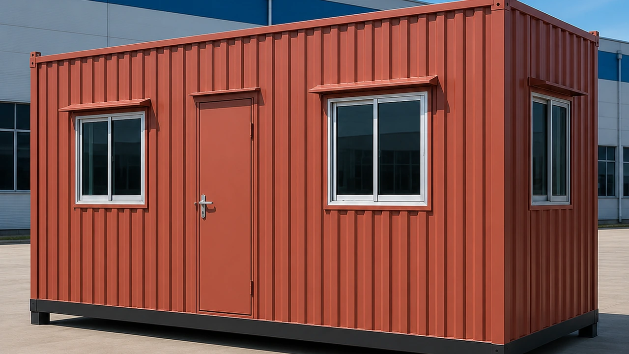 MS porta cabin exterior in red-oxide corrugated steel with sliding windows, hooded rain covers and a black steel base frame