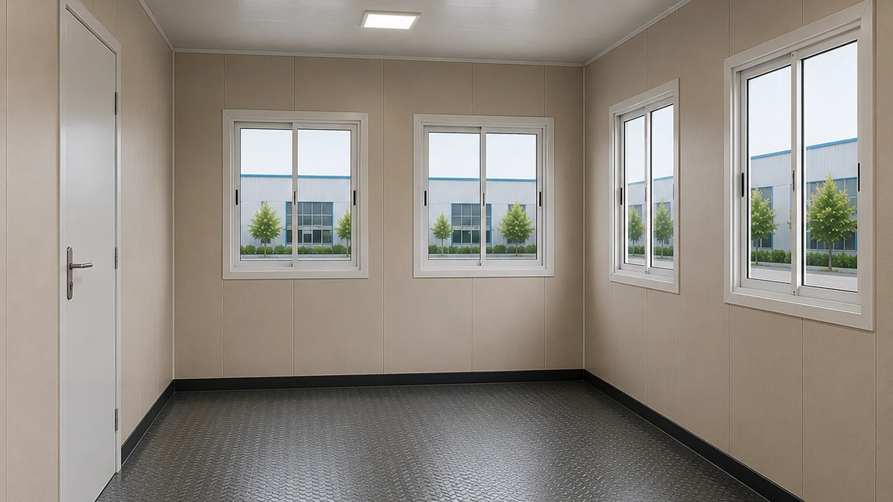 Empty MS porta cabin interior with beige lined walls, four sliding windows, LED panel light and chequered-pattern floor