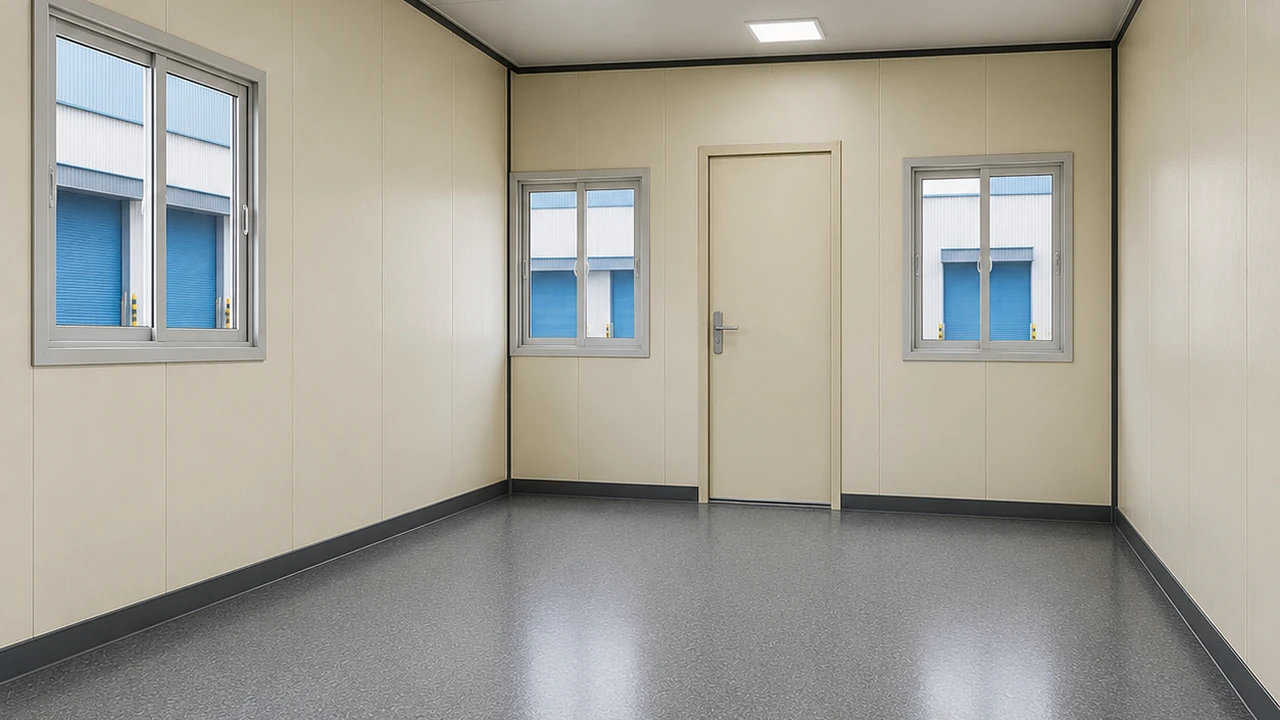 MS porta cabin interior with cream lined walls, internal door, three windows and grey vinyl flooring