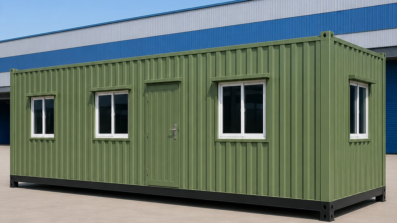 Green MS porta cabin showing the full long wall with three windows, a central door and corner castings on a steel base